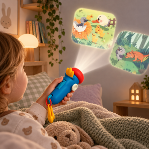 Child using Lulu handheld story projector to display colourful animal scenes on bedroom wall