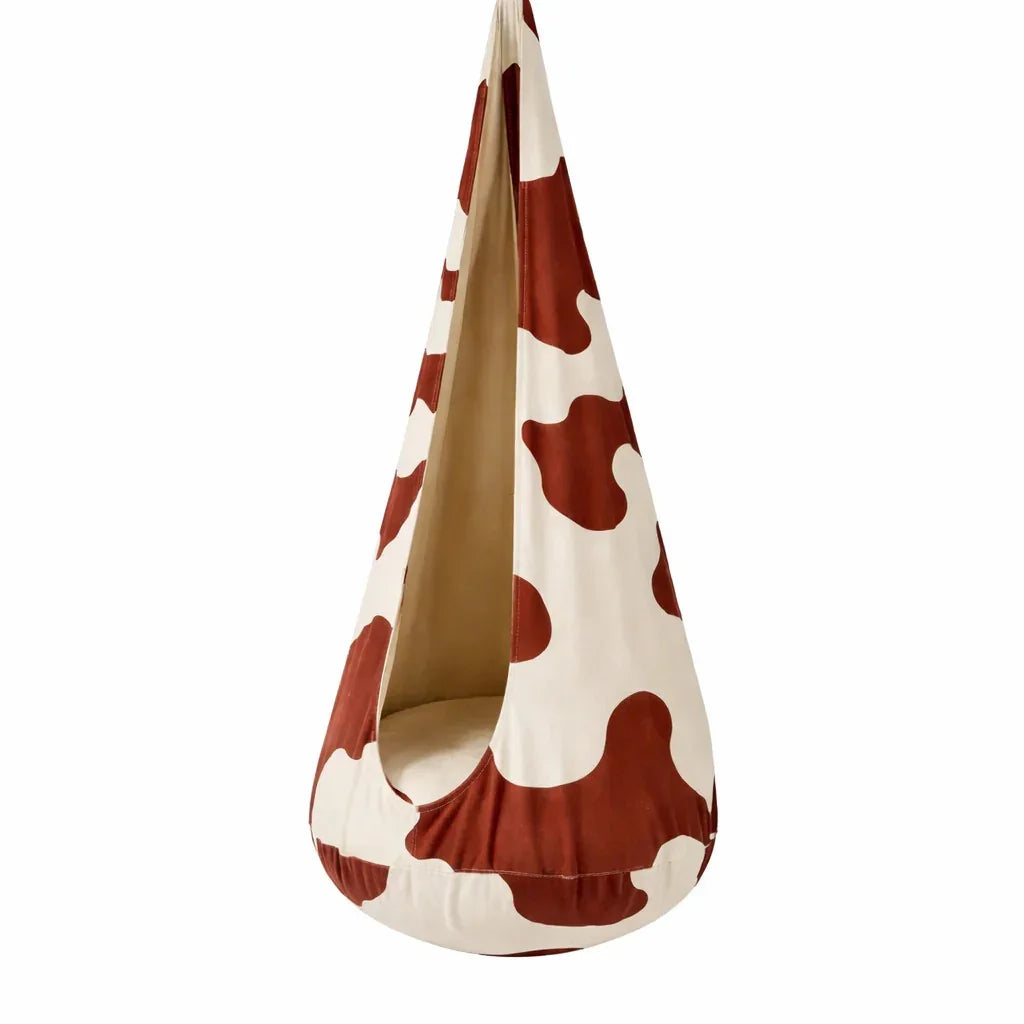 Balancelle cocon pour enfant avec motif vache orange et blanc, siège hamac suspendu en intérieur
