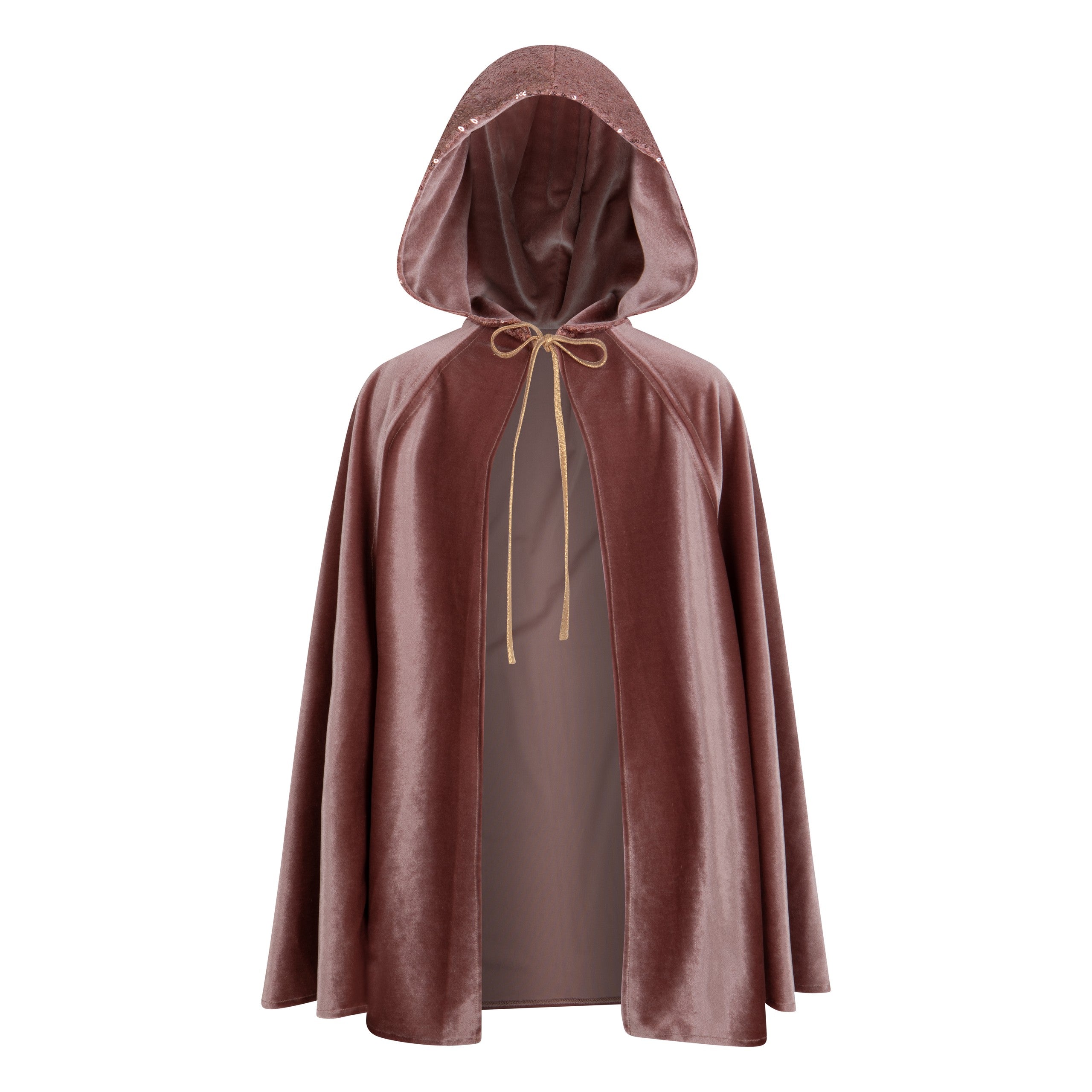 Moi Mili Cosmic Pearl rose-pink velour magic cape with a deep hood and gold ties on a white background