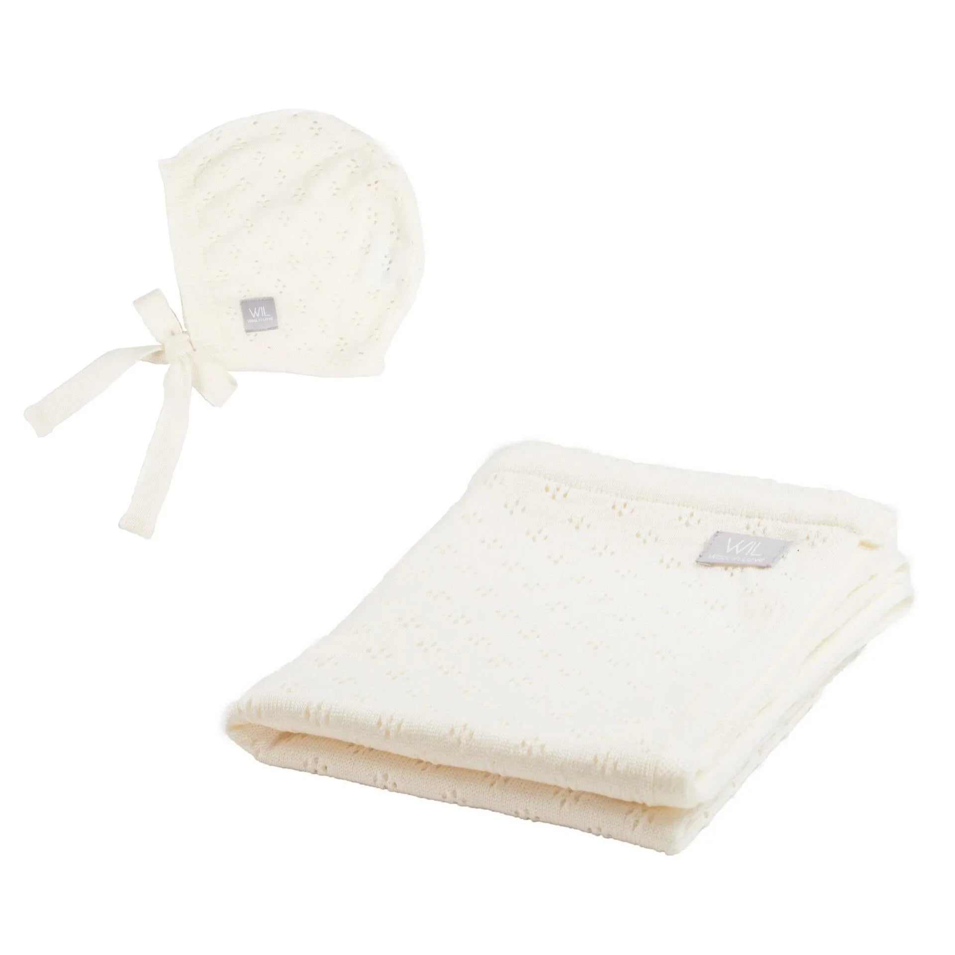 cream knitted baby bonnet and blanket set, soft cotton, delicate pattern, nursery essentials