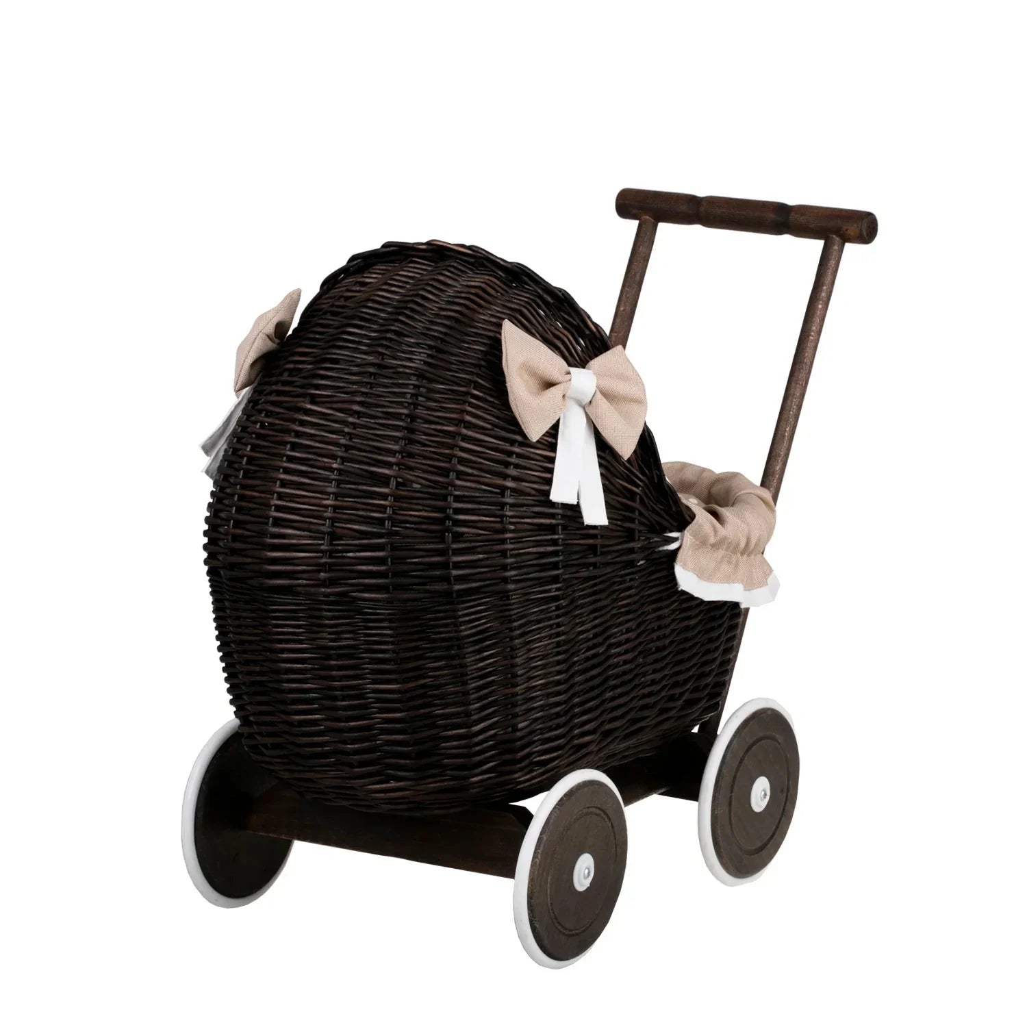 Cochecito de muñecas de mimbre oscuro Lili – Ropa de cama beige