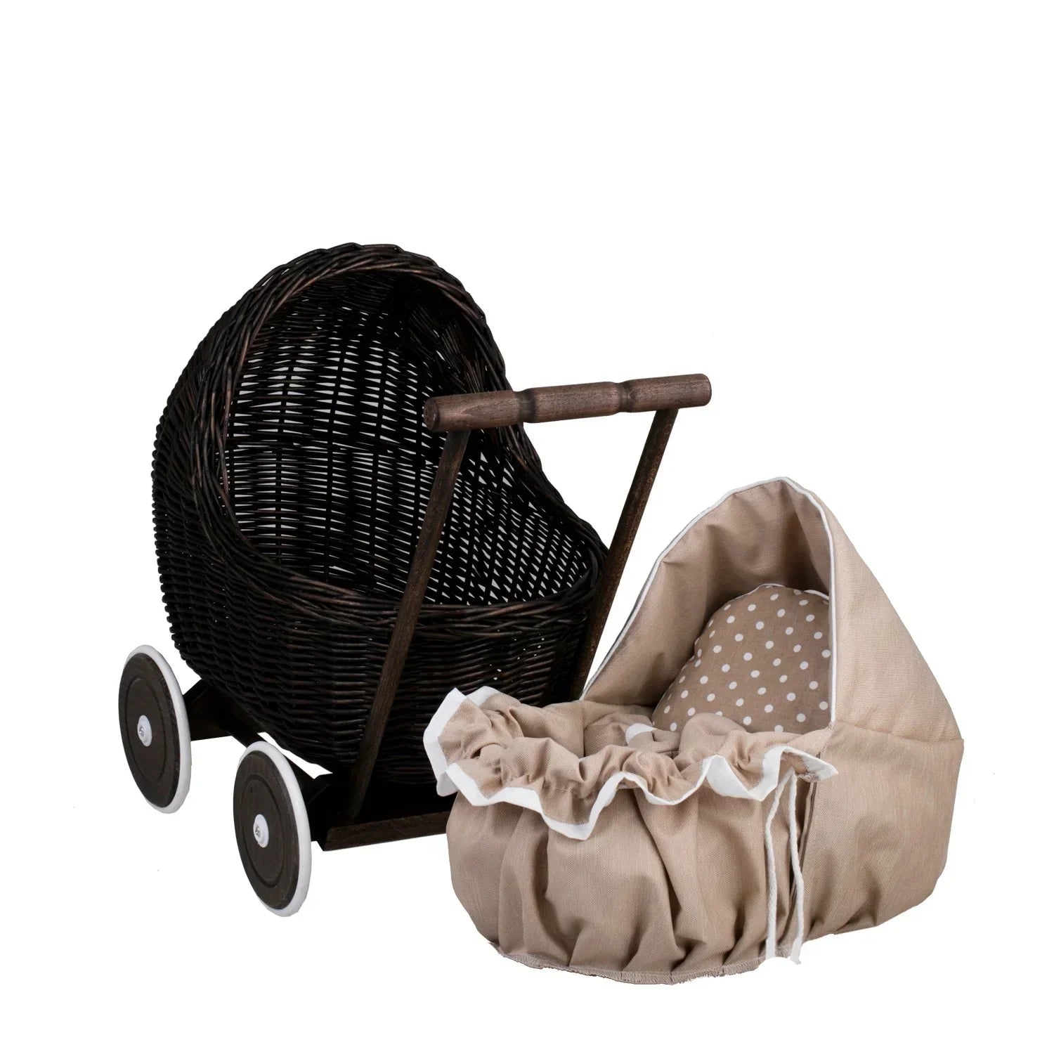Carrozzina per bambole in vimini scuro Lili – Biancheria beige