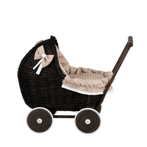 Carrozzina per bambole in vimini scuro Lili – Biancheria beige