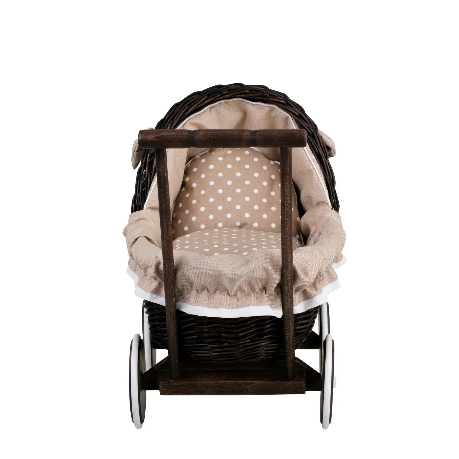 Carrozzina per bambole in vimini scuro Lili – Biancheria beige