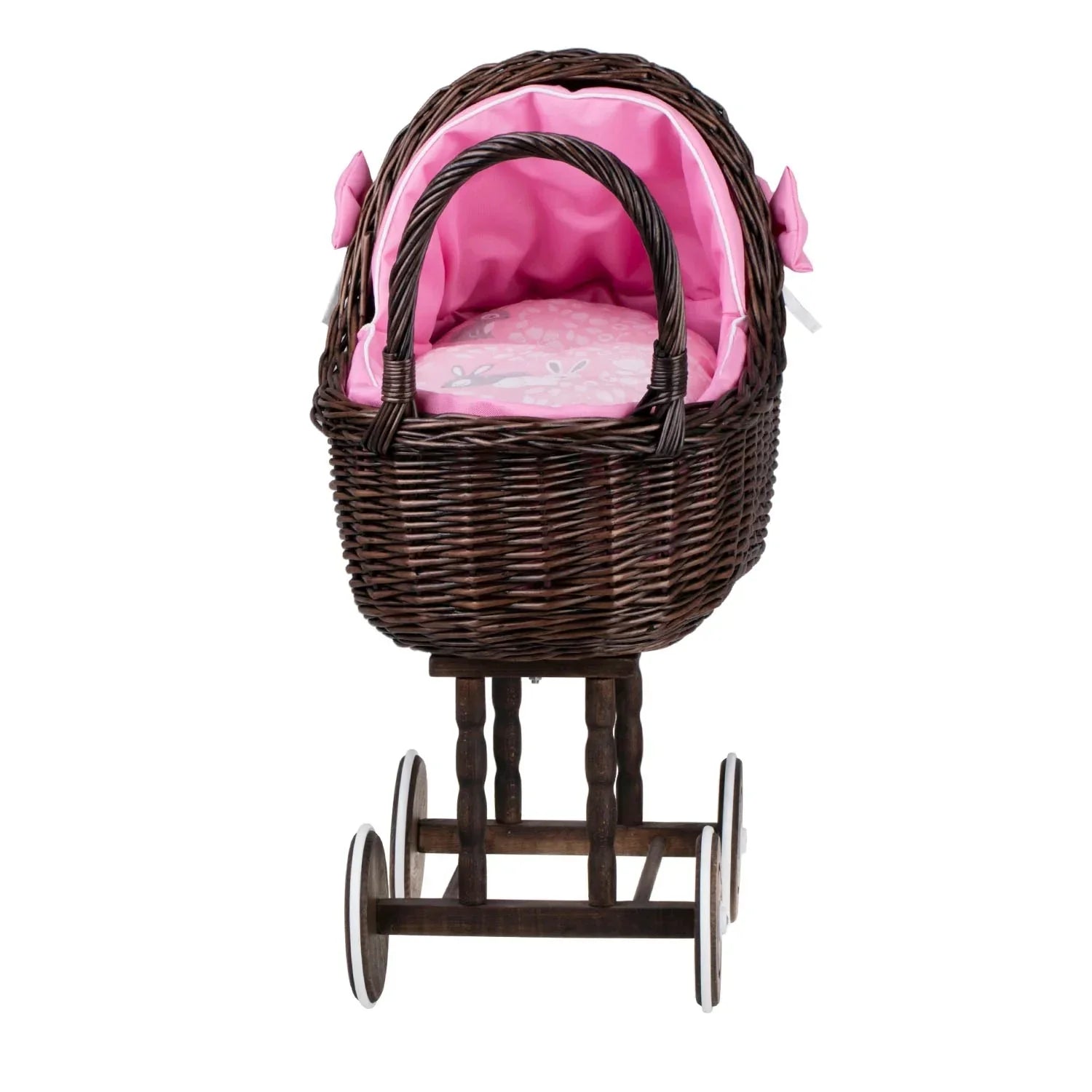 Passeggino in vimini scuro per bambole Lena – Biancheria rosa