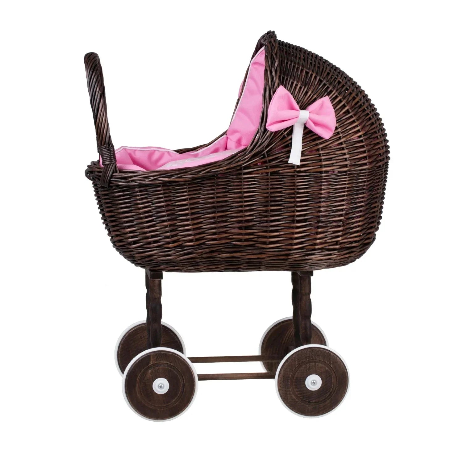 Passeggino in vimini scuro per bambole Lena – Biancheria rosa