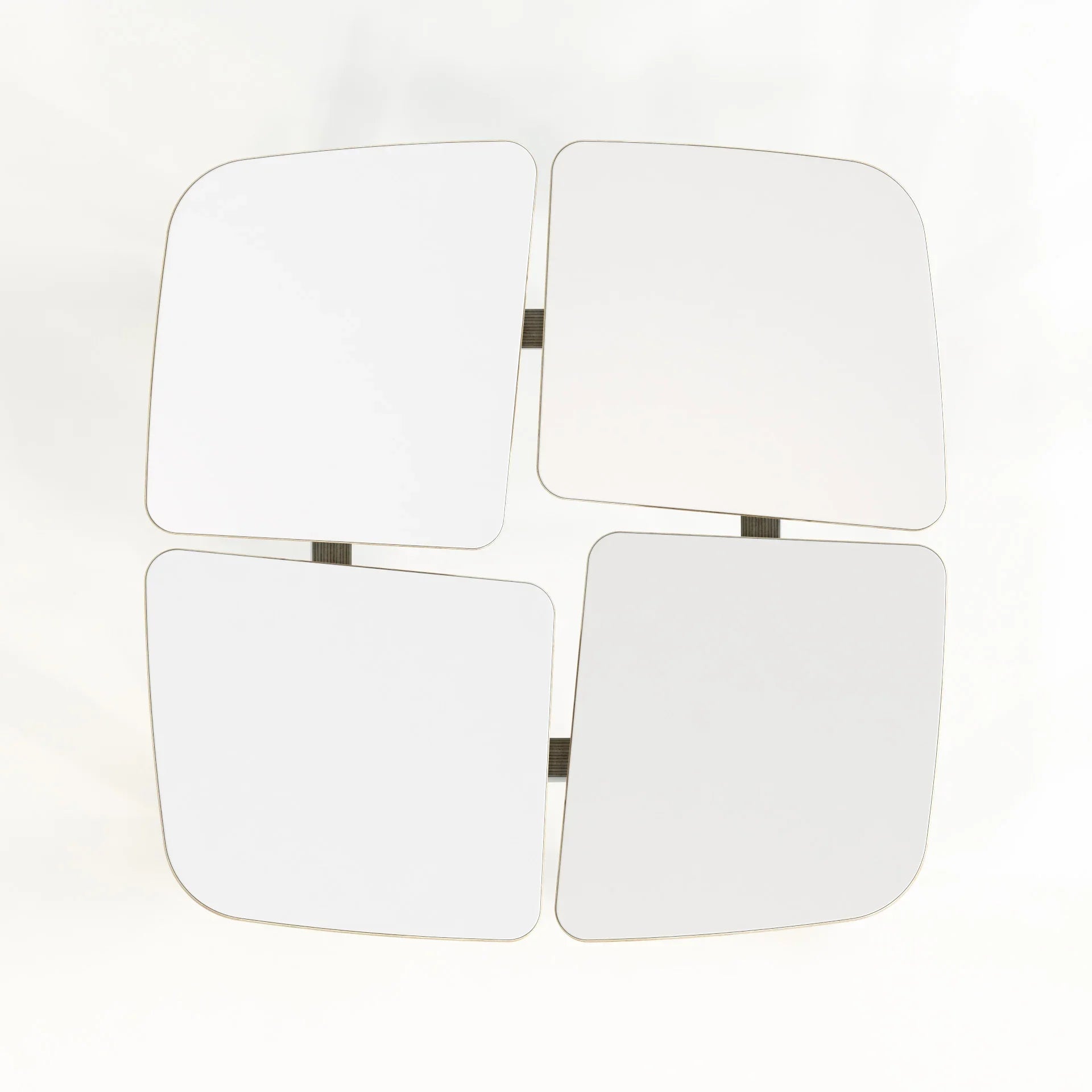 Vista dall'alto di uno sgabello di design in compensato con superficie geometrica modulare bianca e pannelli quadrati arrotondati per interni minimalisti.