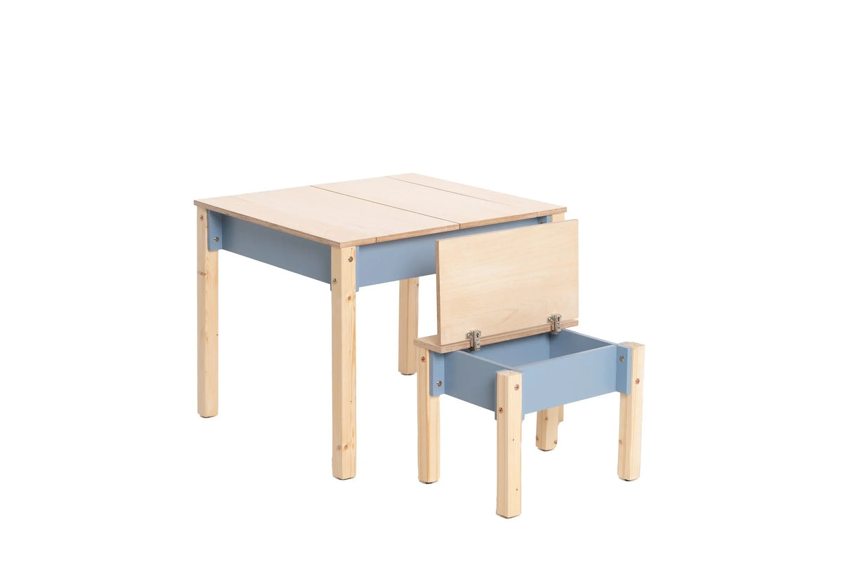 Dusty Blue FAMILY Smart Storage Table closed with matching chair storage open