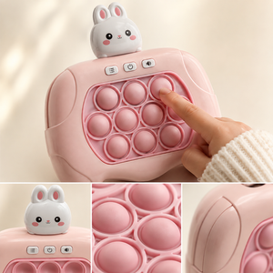 Close-up collage of electronic bunny Pop It game showing bubbles, bunny topper, controls and pink casing