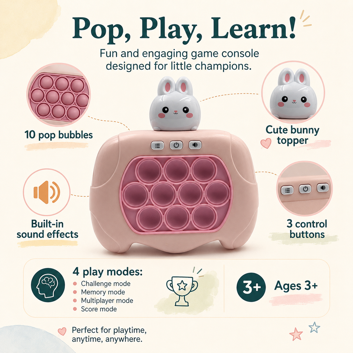 Electronic bunny Pop It game infographic showing 10 bubbles, sound effects, control buttons and four play modes