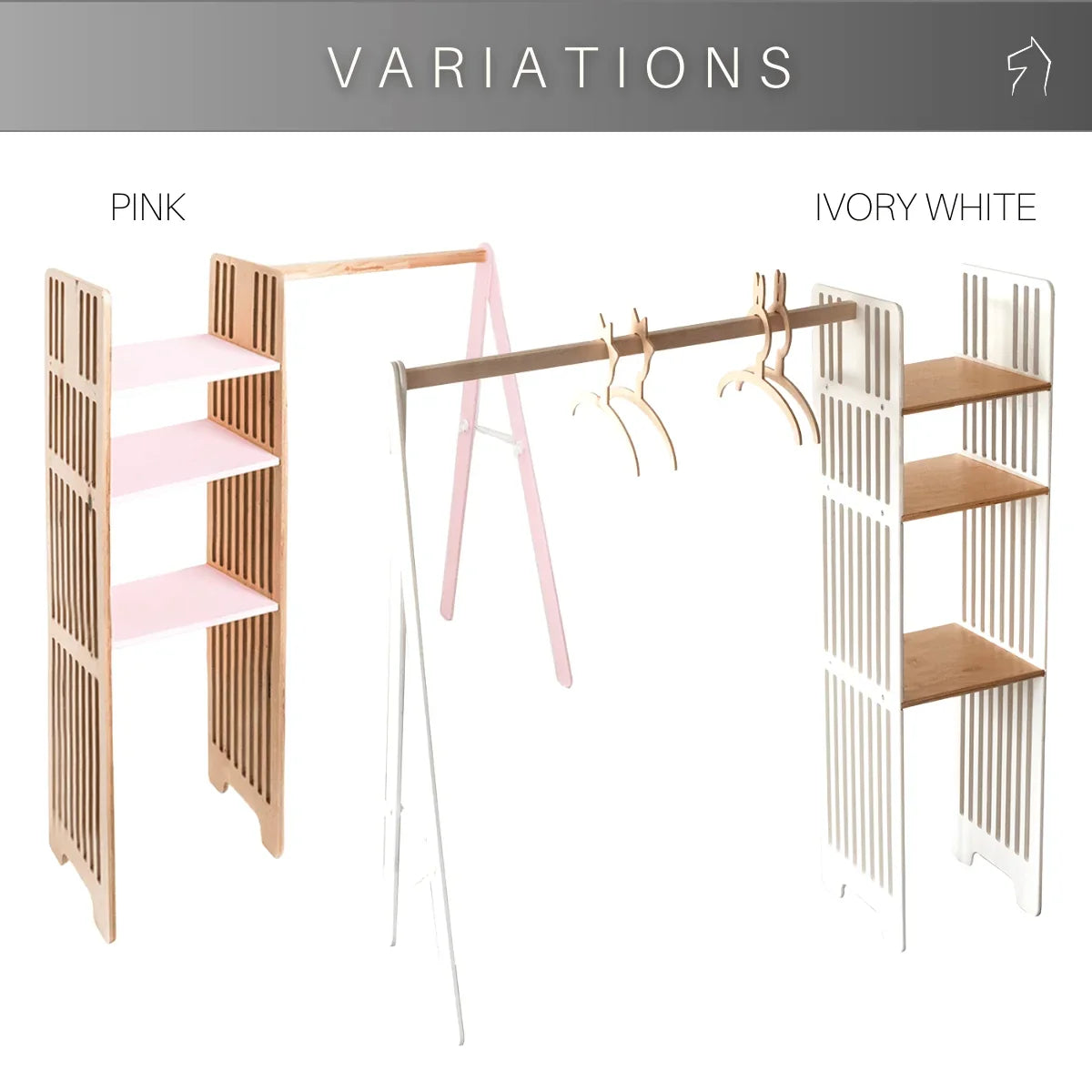 Pink and ivory white Ewart Woods children’s clothing rack colour variations with three shelves and hanging rail