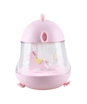Luce notturna per nursery rosa con cavallo a giostra e copertura a cupola trasparente