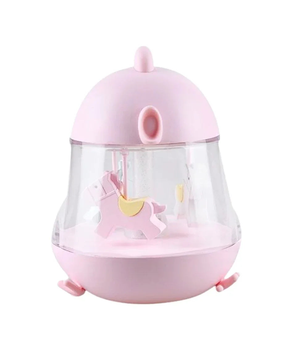 Luce notturna per nursery rosa con cavallo a giostra e copertura a cupola trasparente