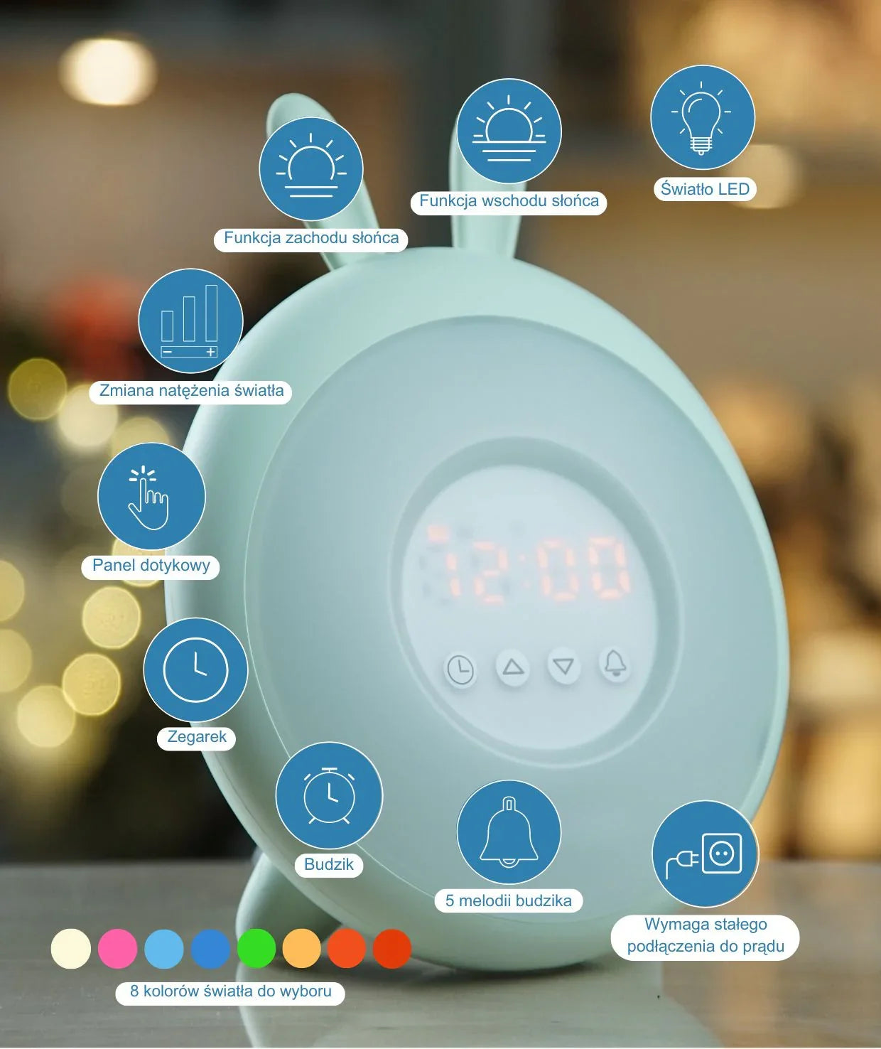Réveil LED lapin pour enfant avec panneau tactile, lumière réglable, 8 couleurs, fonctions lever et coucher du soleil.