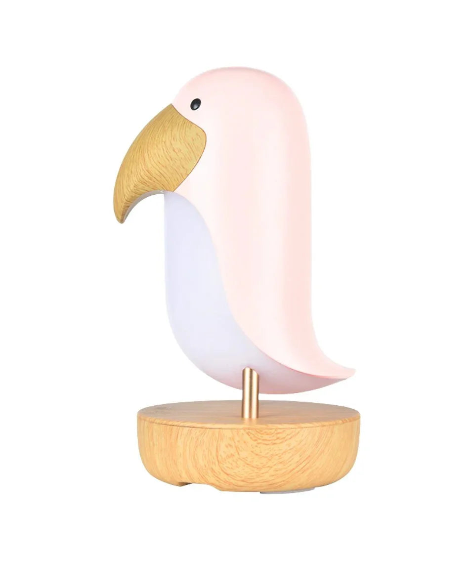 Veilleuse oiseau rose et blanc avec socle et bec en bois