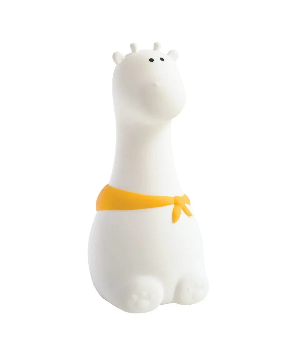 Figurine décorative girafe blanche avec écharpe jaune, design minimaliste