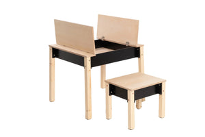 Black FAMILY Smart Storage Table with tabletop compartments open and matching chair