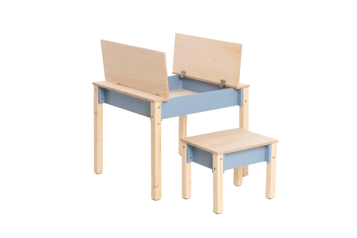 Dusty Blue FAMILY Smart Storage Table and Chair with table compartments open on white background