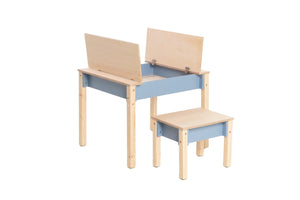 Dusty Blue FAMILY Smart Storage Table and Chair with table compartments open on white background