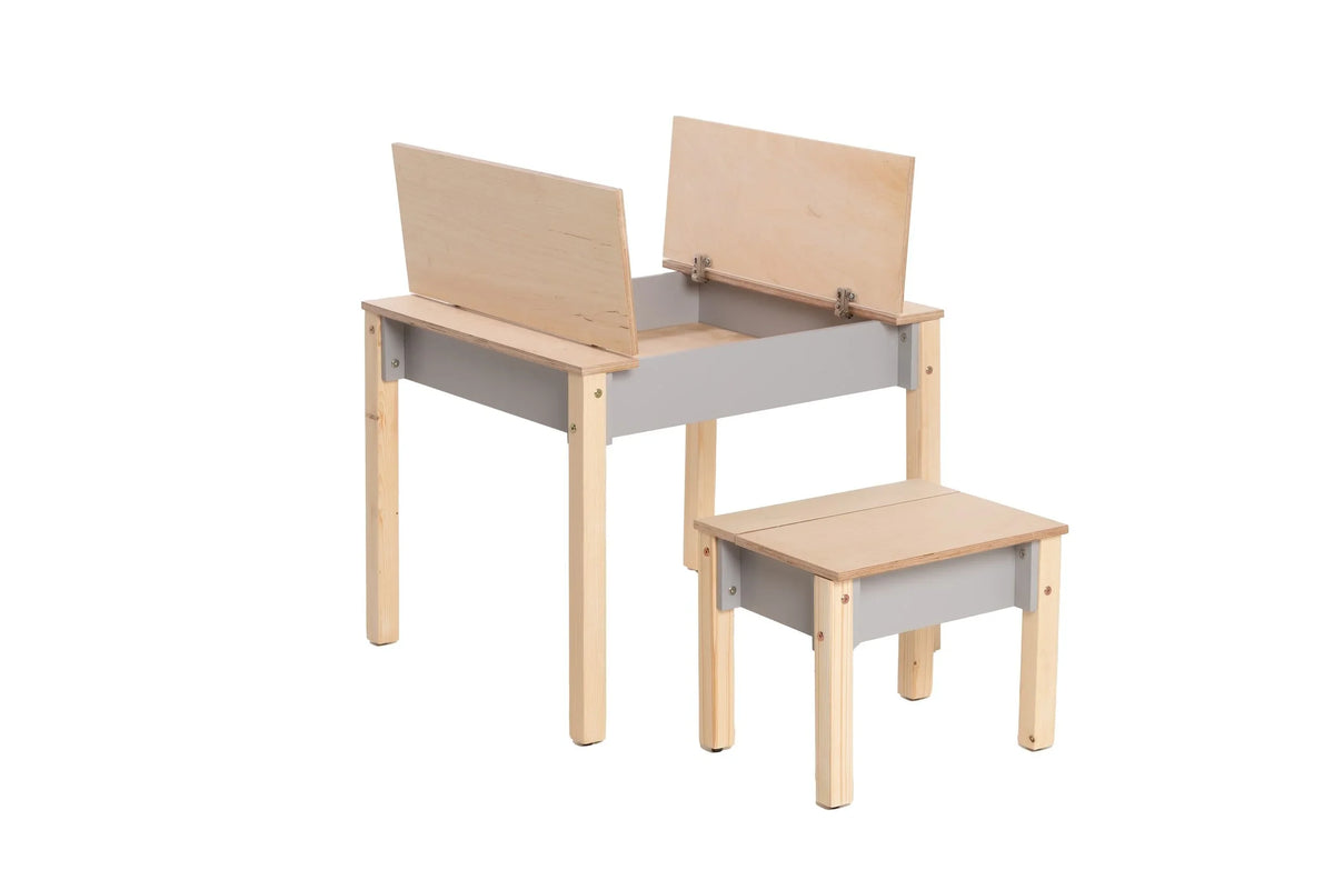 Gray Smart Storage Table with open tabletop compartments and matching chair