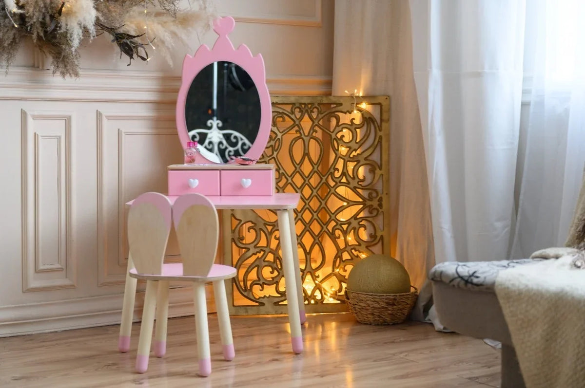 Pink Princess Beauty Table with crown-shaped mirror, storage drawers and matching wooden chair