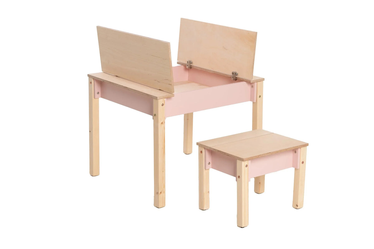Pink Smart Storage Table with hidden tabletop compartments open and matching chair