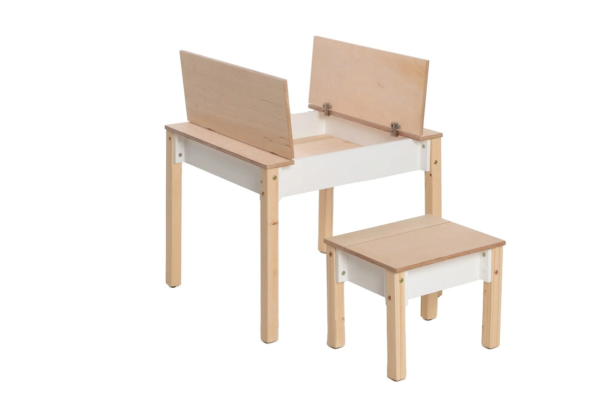White Smart Storage Table with both tabletop storage compartments open