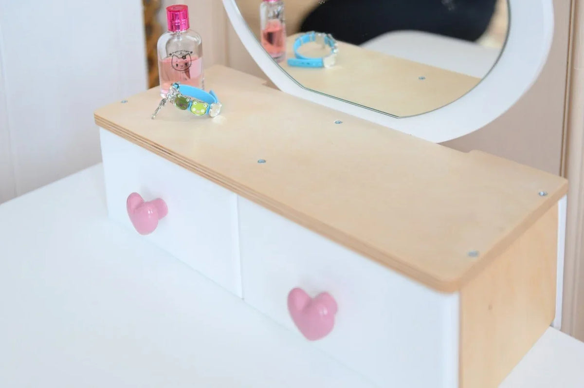 White FAMILY Princess Beauty Table with tulip mirror, two drawers and matching chair