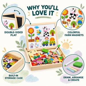 Wooden farm magnetic activity board infographic showing double-sided play, colourful magnets, storage case and drawing tools