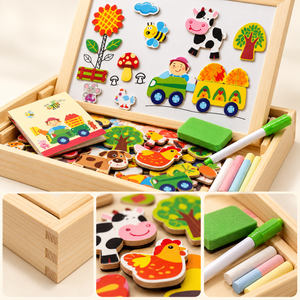 Close-up of wooden farm magnetic drawing set showing animal magnets, marker, chalk, eraser and wooden case details