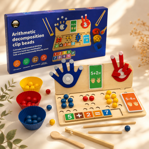 Wooden first calculations set with colourful counting beads, arithmetic cards, felt hands and educational activity board