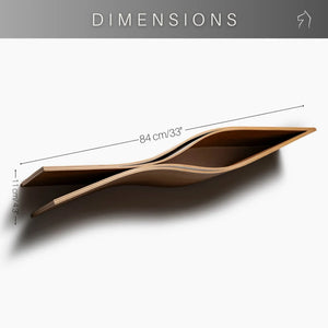 Mensola fluttuante da parete in legno curvato con design moderno, finitura naturale, dimensioni 84 cm per 11 cm