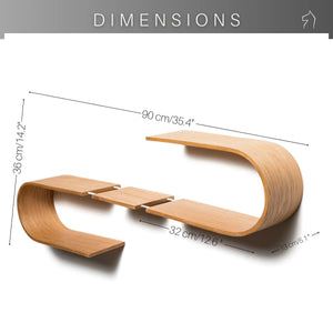 Mensola fluttuante da parete in legno con design moderno curvato, finitura naturale e dimensioni visualizzate