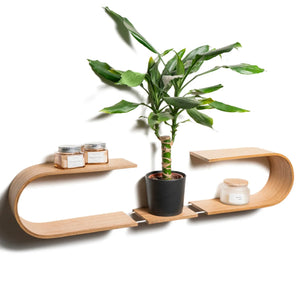 Moderna mensola fluttuante da parete in legno con design curvato, con candele decorative e pianta in vaso