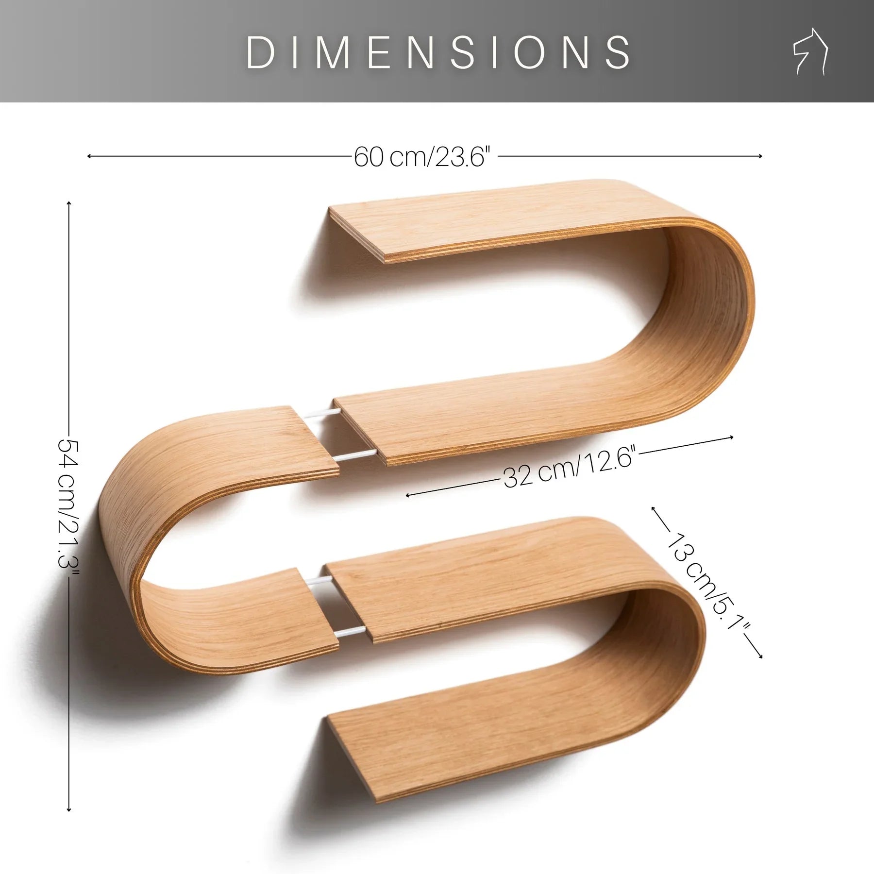 Mensola fluttuante da parete in legno curvato con finitura in rovere chiaro, moderna forma a serpente, guida alle misure
