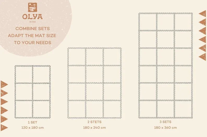 Größenübersicht für Puzzlematten mit drei Konfigurations-Layouts in neutralen Farbtönen