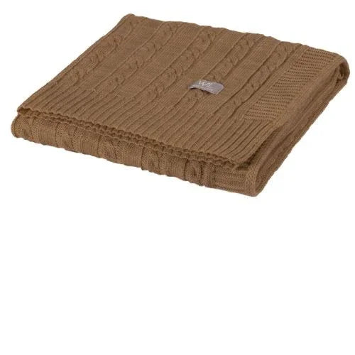 Couverture bébé en tricot torsadé marron pliée, coton doux, motif texturé
