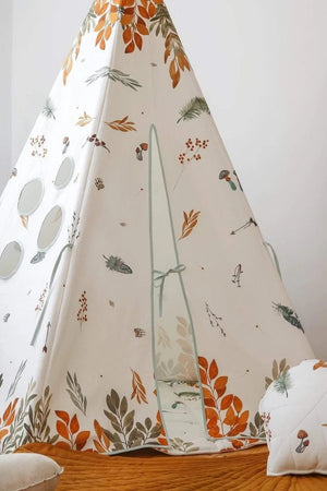 Forest Friends teepee entrance with soft ties, autumn leaf print and matching woodland cushion