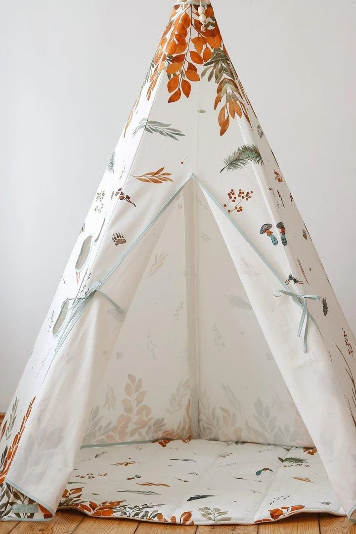 Open Forest Friends teepee entrance showing the illustrated cotton interior and woodland floor styling