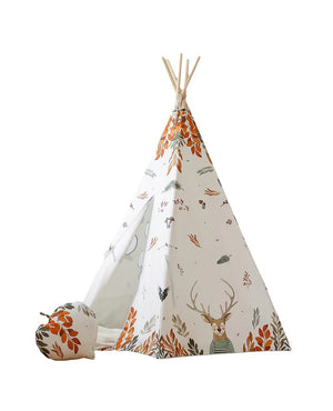 Moi Mili Forest Friends teepee with woodland animal print and matching round cushion on a white background