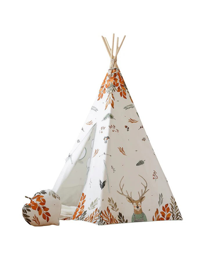 Moi Mili Forest Friends teepee with woodland animal print and matching round cushion on a white background