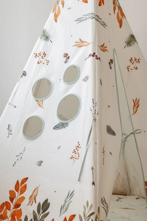 Close-up of the Forest Friends teepee with four round side windows, mushrooms, leaves and hedgehog illustrations