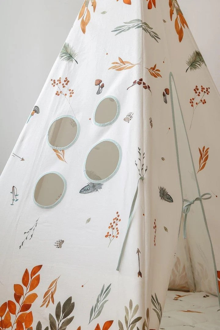 Close-up of the Forest Friends teepee with four round side windows, mushrooms, leaves and hedgehog illustrations
