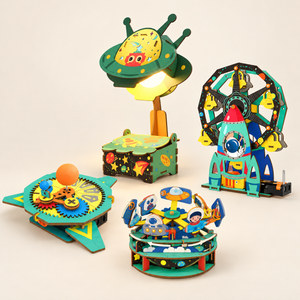 Four assembled space STEAM science models including light-up UFO lamp, Ferris wheel, rotating carousel and gear mechanism