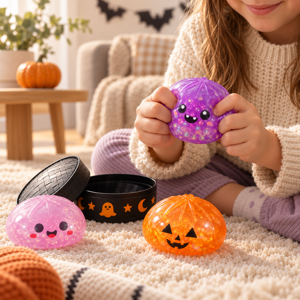 Child squeezing a purple Halloween Dumpling Squishy during cosy playtime at home