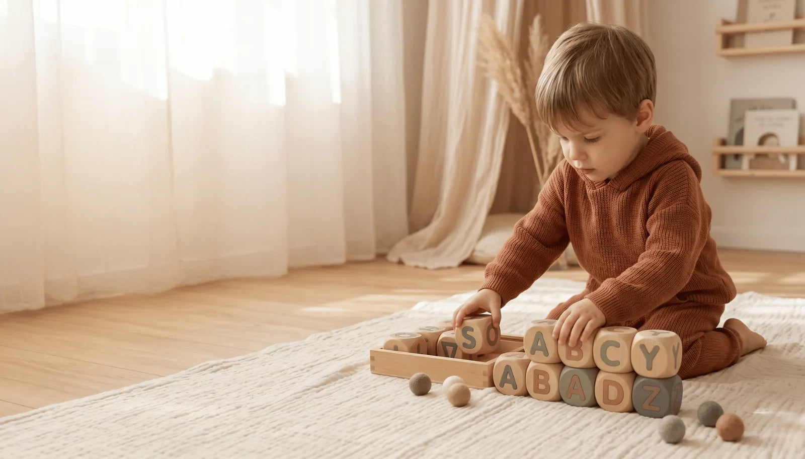 Kind in braunem Strick-Outfit spielt mit großen hölzernen Buchstabenwürfeln in einem sonnigen Kinderzimmer