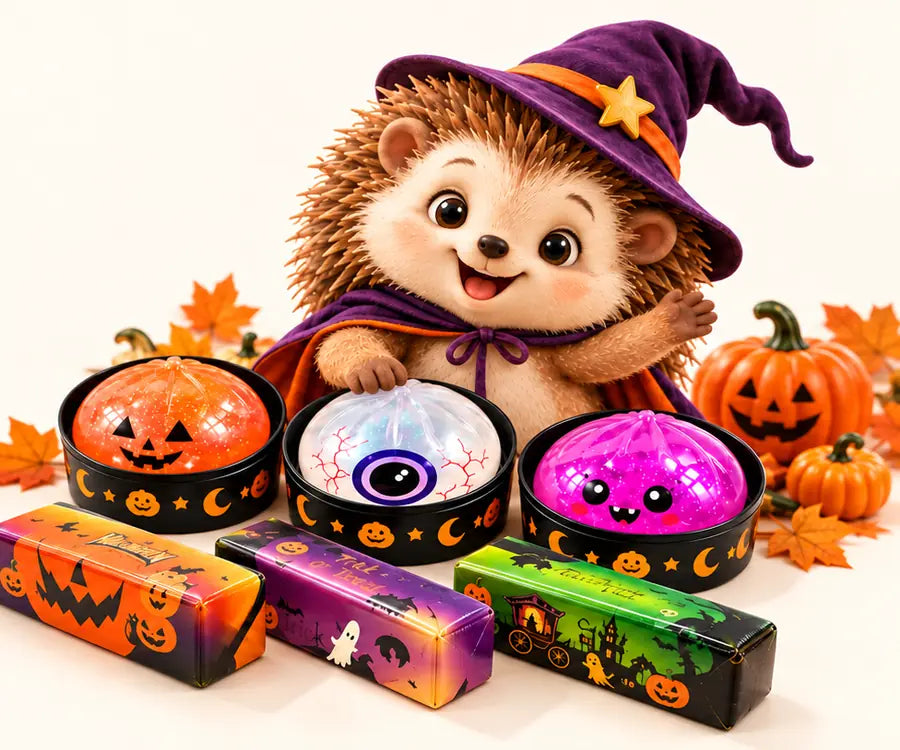 Gravi the Hedgehog with colourful Halloween squishy toys and gift boxes