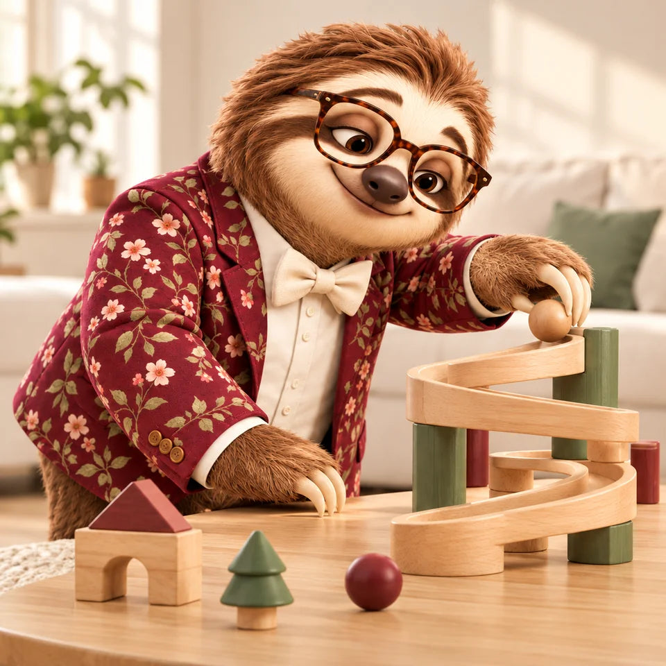 Laziness il bradipo alla scoperta di una pista per biglie in legno in un'accogliente stanza dei giochi.