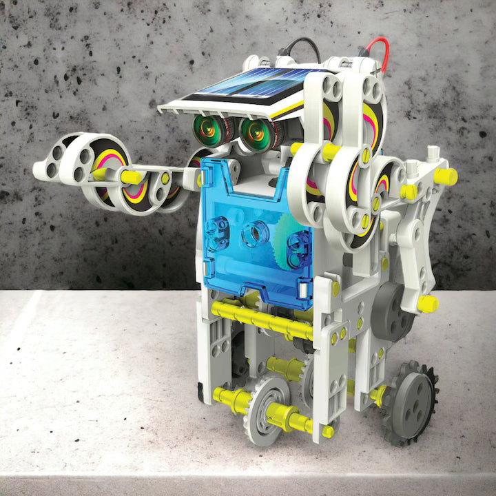 assembled solar robot model with solar panel and movable arm
