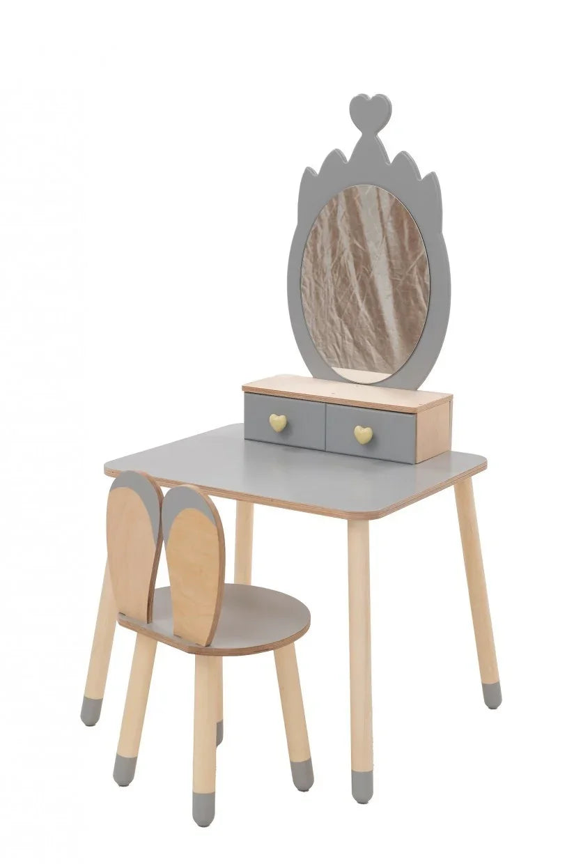 Gray FAMILY Crown Beauty Table with matching chair and heart-shaped drawer handles